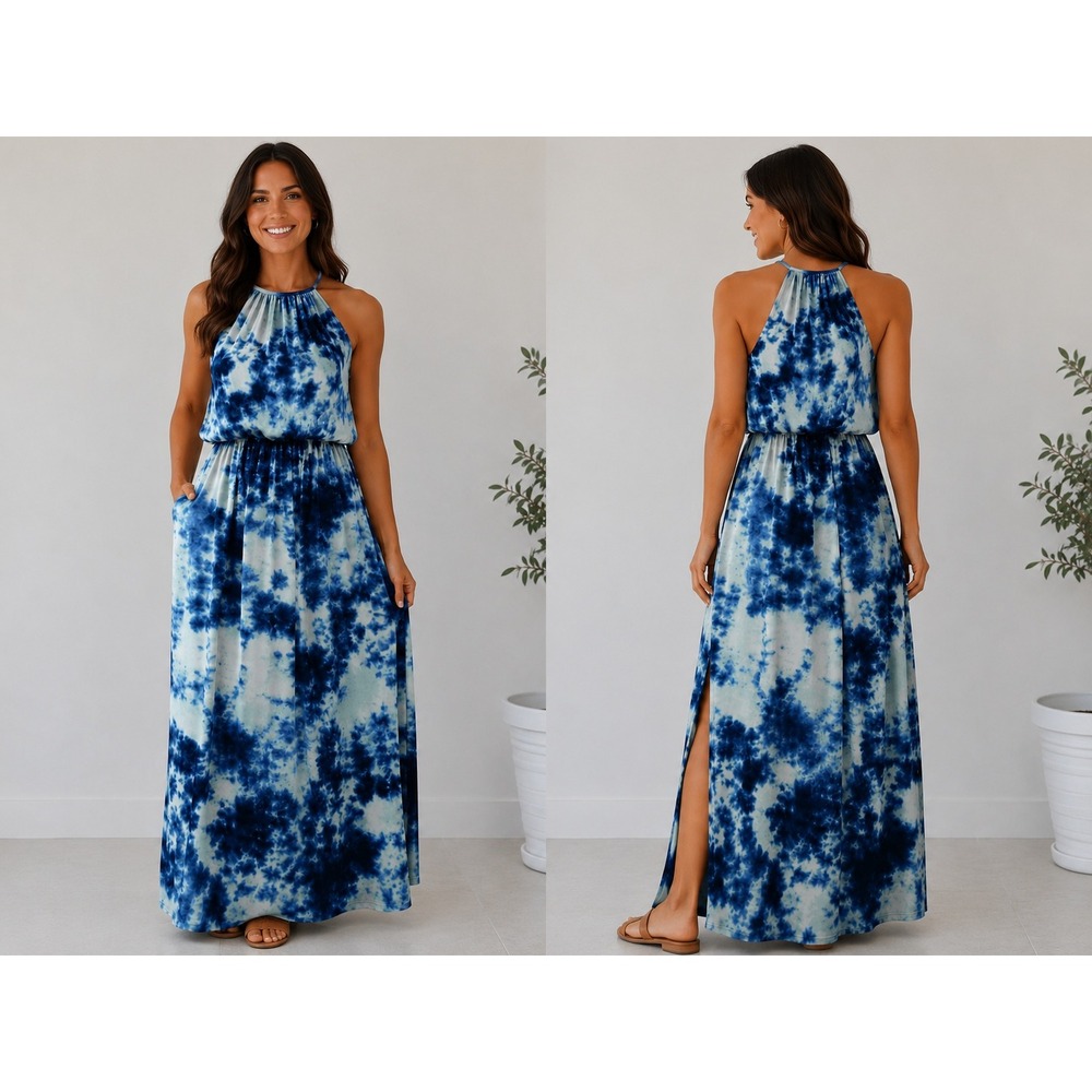 SO Kohl's Blue Tie Dye High Neck Slit Maxi Dress JG05G109RP Medium NWT